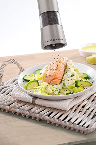 COLE & MASON Hampstead Electric Salt Grinder with LED Light - Electronic Battery Operated Mill, Stainless Steel