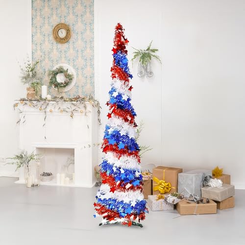 5Ft Pop up Christmas Tree 4th of July Patriotic Decorations Tree, Artificial Collapsible Star Sequins Christmas Tree for Indoor Outdoor Independence Day Red White and Blue Decorations