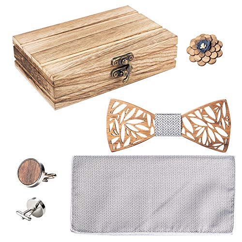 Amzchoice Classic Handmade Mens Wood Bow Tie with Matching Pocket Square Men's Cufflinks Lapel Flower Set (C3), Large - Thumbnail 5