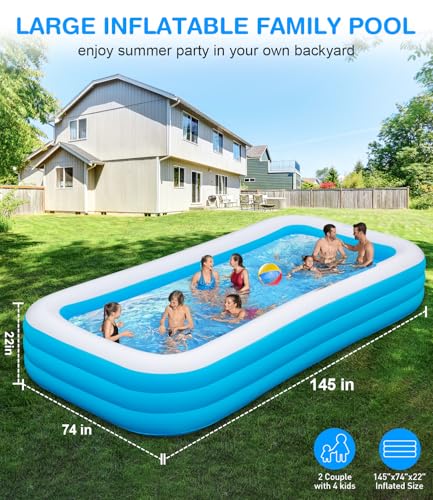 Large Inflatable Swimming Pool - GISAEV 145" x 74" x 22" Oversized Family Blow Up Pool for Adults & Kids, Sturdy Thickened Backyard Kiddie Pool, Easy Setup & Portable (145 Pale)