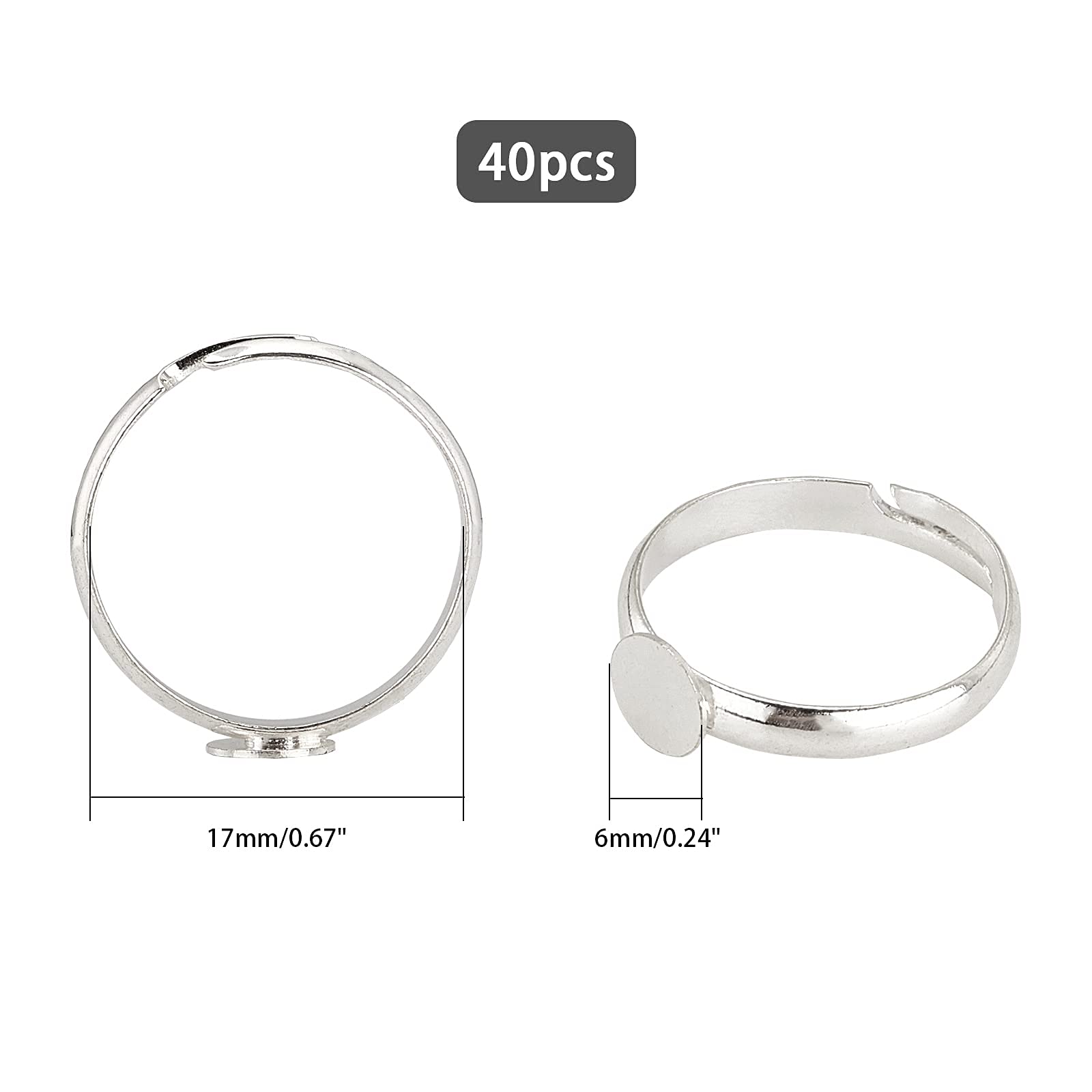 PH PandaHall 40pcs Adjustable Blank Rings, Silver Rings Brass Finger Ring Settings Components Base with 6mm Round Pad for DIY Jewelry Making Birthday Women