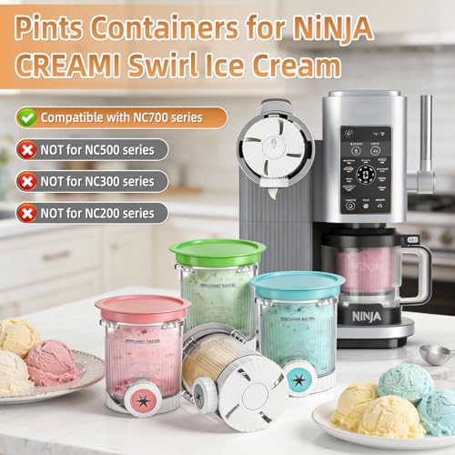 Hejo 4 Pcs Ninja Ice Cream Swirl Jar, 480ML Container for Ninja Creami for NC700 NC701, Ice Cream Trays with Lid and Spoon, Accessories for Ice Cream Swirl