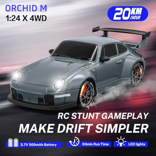 ORCHID M® Ultimate 1:24 Scale RC Drift Car Rechargeable,4WD with Lights, Tires and Obstacle Tool for Young/kid/Adults,Customizable Drift Course High-Speed Remote-Control Racing Car (Dark Grey)