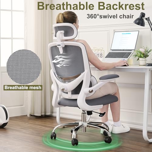 TONFARY Ergonomic Home Office Chair, High Back Mesh Desk Chair with Adjustable Lumbar Support, Flip-up Armrest, Removable Headrest, Swivel Computer Gaming Chair, Space Saving, 150KG (White+Grey)
