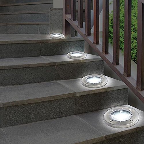 Disk Lights, MBODM Solar Outdoor 8 LED Ground Lights-Stainless Steel Garden Waterproof Landscape Lighting for Yard,Pathway-White(4 pack)