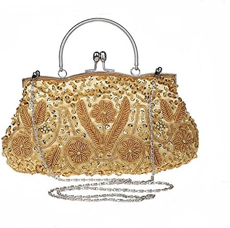Daisyley Sequin Design Metal Frame Kissing Lock Satin Interior Evening Clutch (Gold)