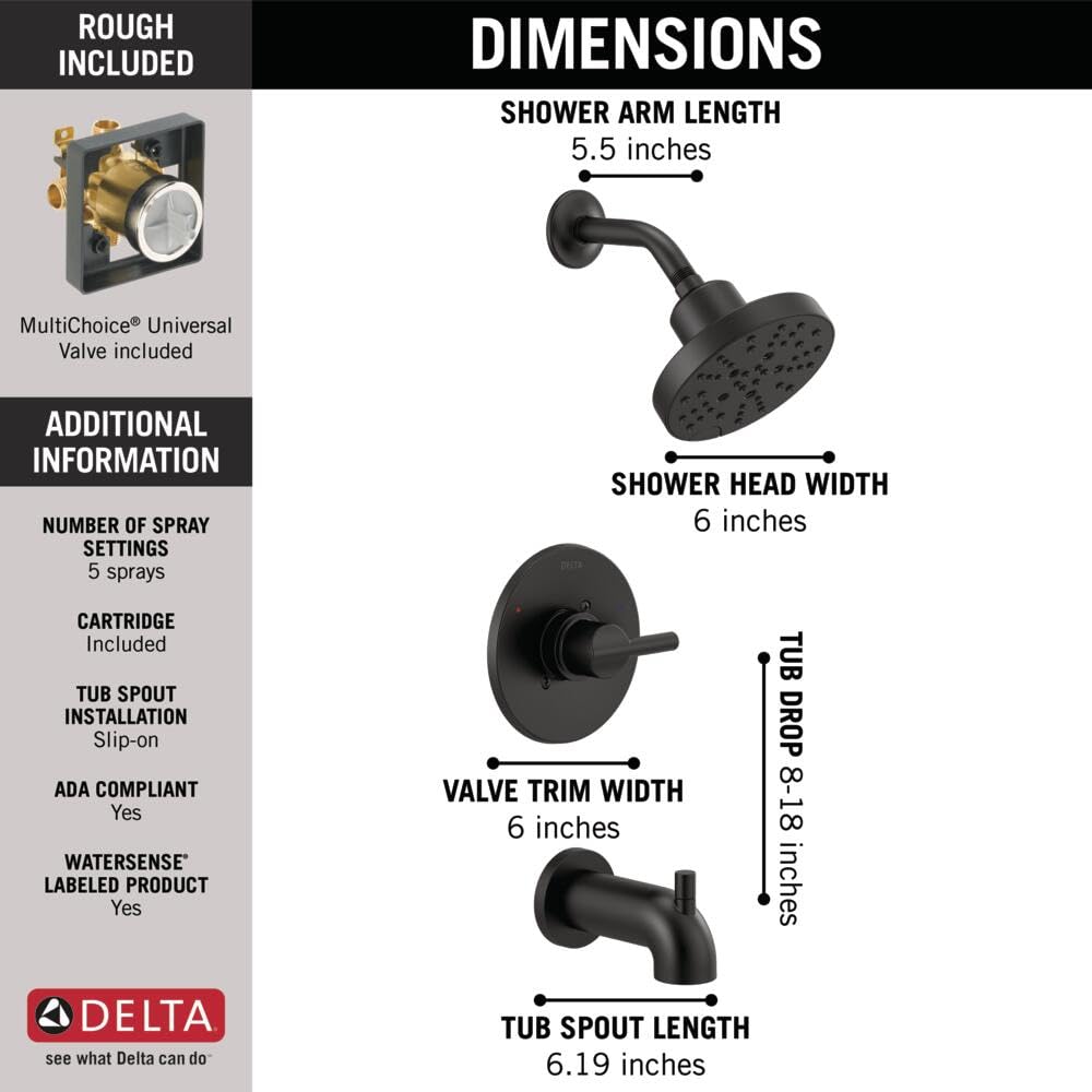 Delta Nicoli 14 Series H2Okinetic Bathtub and Shower Faucet Set, Matte Black Shower Head and Handle Set, Valve Trim Kit, Matte Black 144749-BL (Valve Included)