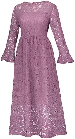 Avoir Aime Floral Lace Dress with Flare Sleeves A-Line Round Neck Cocktail Party Dress-Purple,L
