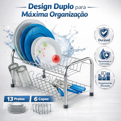 Escorredor de Louça 13 Pratos Duplo Cromado com Porta Copos – Aço Inox, 2 Andares, Alta Capacidade, Anticorrosão Premium