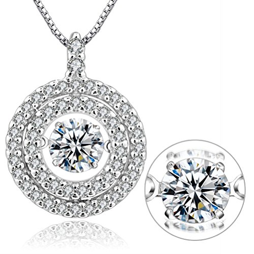The One Jewelry 925 Sterling Silver Dancing spark Super Shiny Diamond Surround Cubic Zirconia Hollow Pattern Double Ring Halo Pendant Necklace 18"(JP0492)