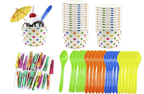 Ice Cream Sundae Kit - 8 Ounce Polka Dot Paper Cups - Plastic Spoons - Paper Umbrellas - Blue Orange Yellow Green - 24 Each