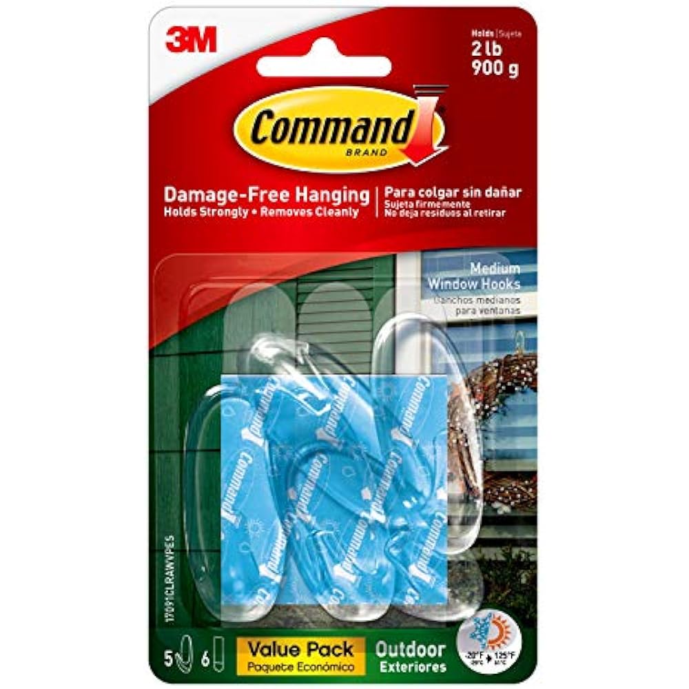 Command Outdoor Medium Window Hooks, Clear, Water