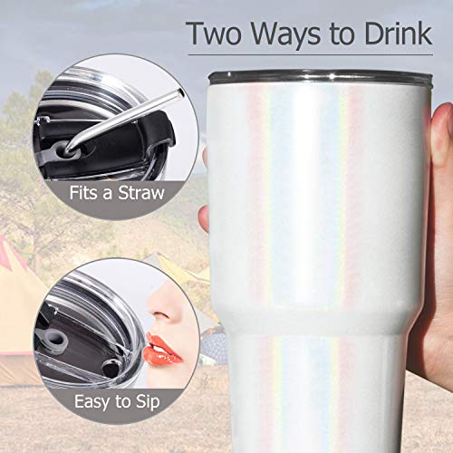 Toopify 30oz Stainless Steel Insulated Sparkle White Tumbler Travel Mug with Straw Slider Lid, Cleaning Brush, Double Wall Vacuum - Thumbnail 3