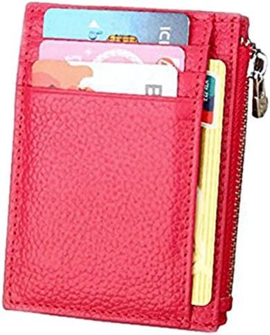 RFID Blocking Leather Slim Zipper Credit Card holder Wallet Card Case Purse (Rose with keychain)