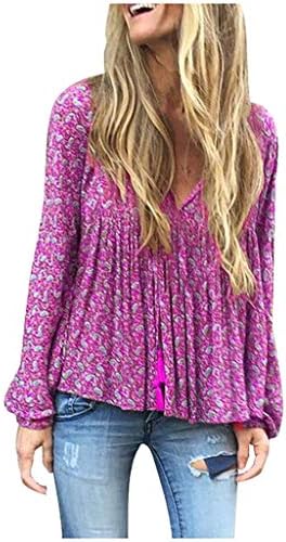 Mayunn Womens Cotton and Linen Tops T-Shirt Ladies Long Sleeve V-Neck Printed Jacket (S-5XL)
