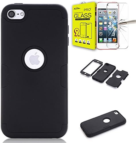 AMCHOICE 3 Layer Hybrid Silicone and Polycarboante Combo Case with Stylus, Screen Protector and Cleaning Cloth for Apple iPod Touch 6 - Black-B
