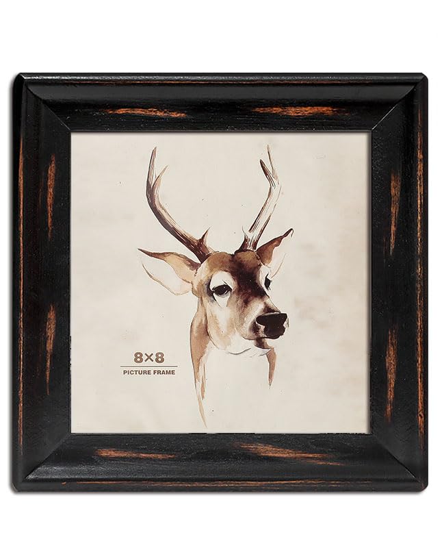 icheesday 8x8 Inch Rustic Wooden Picture Frame, Solid Wood Real Glass Photo Frame, Wall Mounted or Tabletop Display, Home Decor for Farmhouse Living Room Bedroom Gallery Wall(Black)