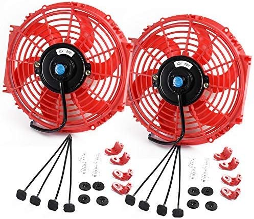 New Universal High Performance 12V Slim Electric Cooling Radiator Fan with Fan Mounting Kit 2 Pcs Set (10 Inch, Red)