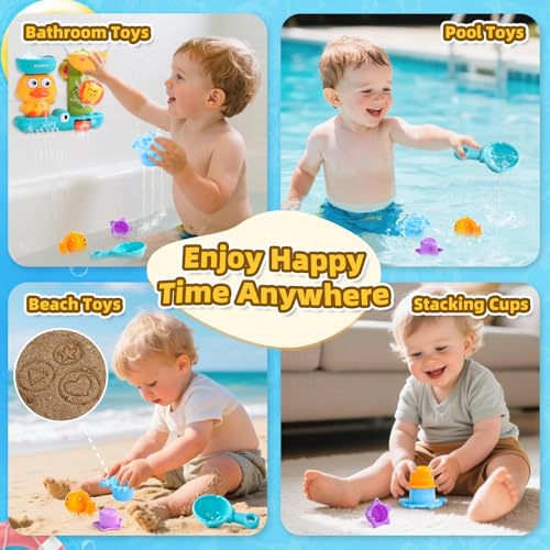 Toys for 1 year old, toys bathtub baby toys 18 months pool water games baby includes 1 ladle for water and 3 stackable cups of animals gift baby boys girls 1 2 3 years