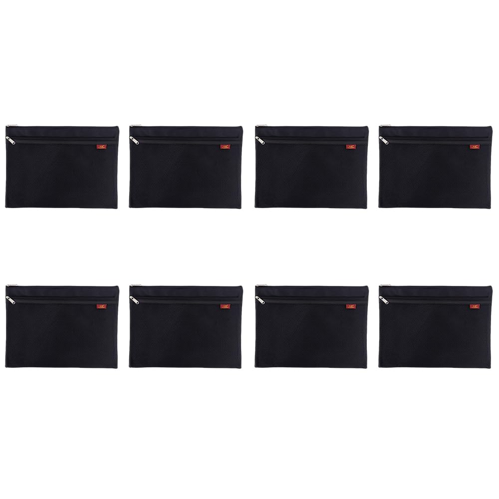 8Pcs A4 Mesh File Zip Bags, Folder Wallets Zipper Pouch Oxford Clear Mesh Bag Double-Layer Grid Document Storage Receipt Organizer Bag for Office Home School Supplies Black