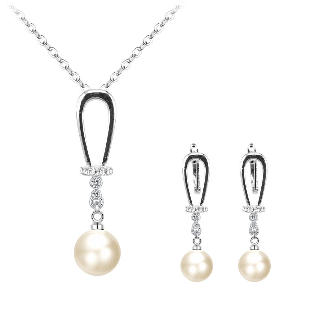 BiBeary Women Zircon CZ Simulated Pearls Dangle Elegant Jewellery Set Necklace Earrings Silver-Tone