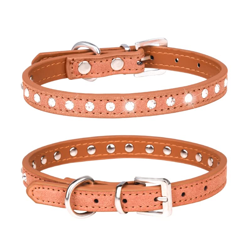 haoyueer Cute Dazzling Sparkling Elegant Fancy Suede Leather 1 Rows Bling Rhinestone Crystal Jeweled Small Pet Cat Dog Puppy Collar … (S, Brown)