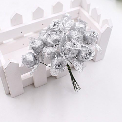 Zhuangshihua 12Pcs 2Cm Handmade Mini Silk Rose Bouquet Artificial Flower Wedding Decoration Diy Wreath Clip Art Fake Silver