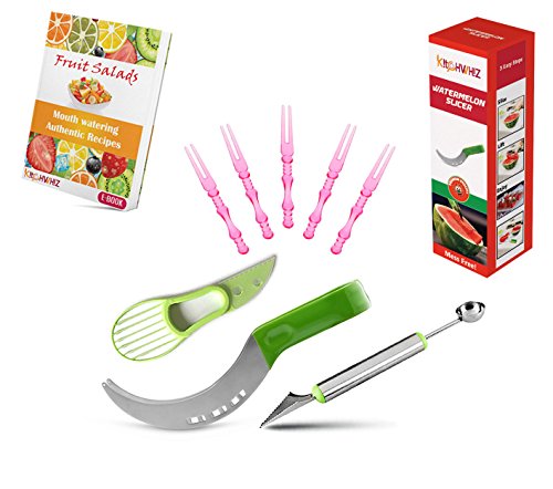 KitchWhiz - Premium Watermelon Slicer - Stainless Steel Watermelon Knife with Melon Baller & Avocado Slicer For Hassle free Juicy slices and fruit decoration - BONUS Salads & Fruit Ideas E-Book KitchWhiz - Premium Watermelon Slicer - Stainless Steel Watermelon Knife with Melon Baller & Avocado Slicer For Hassle free Juicy slices and fruit decoration - BONUS Salads & Fruit Ideas E-Book