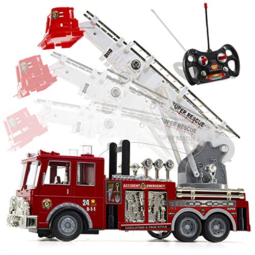 PREXTEX 13'' Remote Controlled Fire Truck Lights, Siren, and Ladder