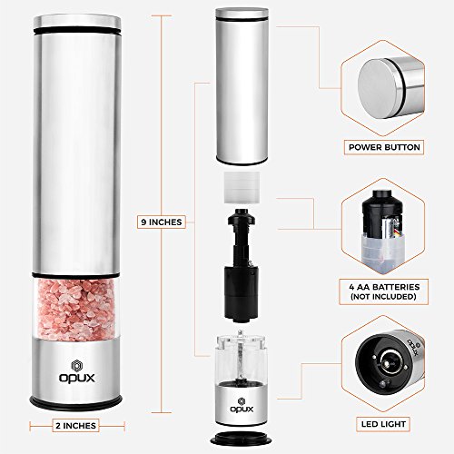 OPUX Battery Operated Salt and Pepper Grinder Set Electric Pepper Mill, Automatic Salt Grinder