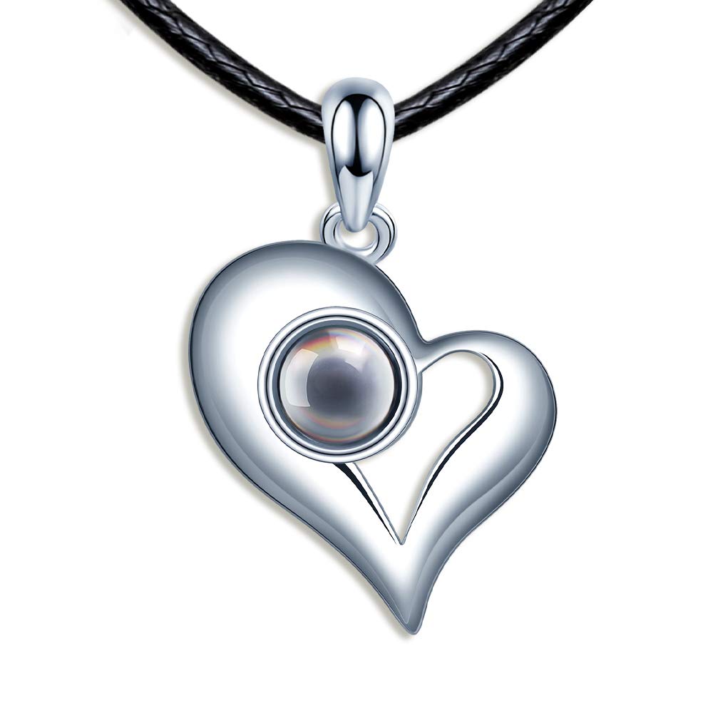 CPSLOVE Asymmetrical Heart Necklace, Women's Men's 999 sterling silver Pendant, Black Nano Stone with 100 languages "I love you" projection