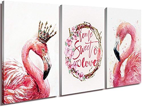 Canvas Print Wall Decor Art Elegant Pink Flamingo King and Queen Pictures Prints Sweet Love Modern HD High Giclee Walls Painting Artwork for Home Office Decorations Framed Set of 3 Pieces 12" x 16"