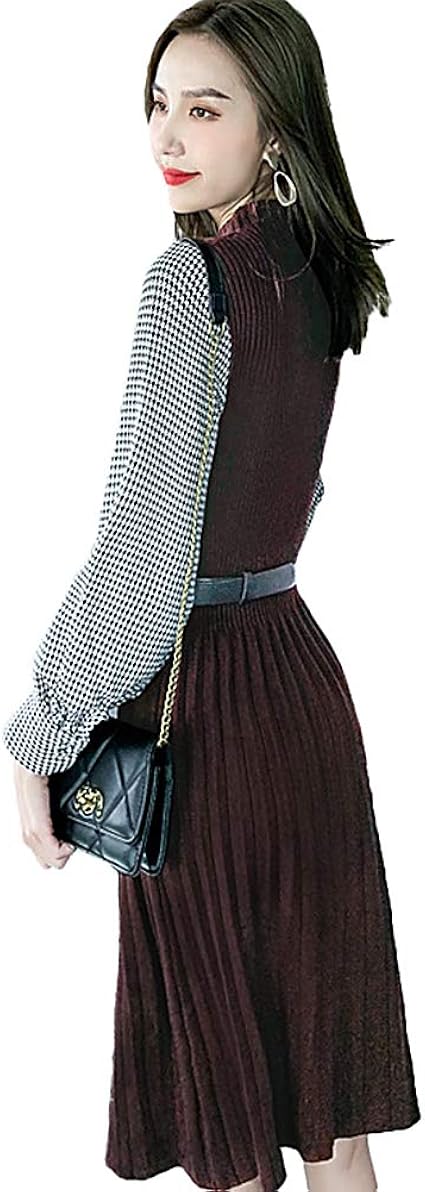 Amazon 切り替え ニットワンピース 膝丈 冬 ニット チュニック ワンピース レディース 長袖 チェック柄 リブ ボタン Aライン プリーツ 通勤 チョコレートブラウン ワンピース チュニック 通販