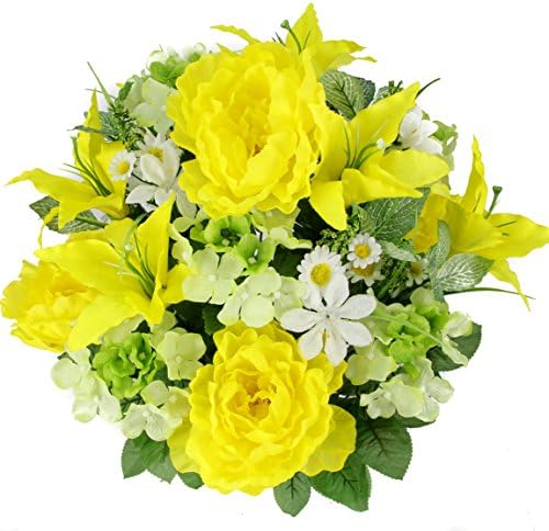 Admired By Nature 24 Stem Artificial Flowers Rose Carnation Mixed Bush Spring Faux Flower Arrangement for Outdoor & Indoor Wedding Home Decoration, Cemetery Decorations For Grave, Yellow