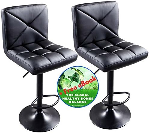 Modern Adjustable Swivel Bar Stools Set 2 Pack, Black – Hydraulic PU Leather Barstools with Backs – Great Furniture Chairs for Kitchen, Dining Room, Office or Pub – Plus eBook – Global Group