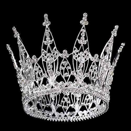 FUMUD Bridal Pageant Beauty Contest Bridal Wedding Rhinestones Crystal Full Crown - Gold Plated Clear Crystals 4" Height (Silver)