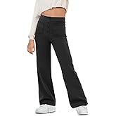 Haloumoning Girl's Flare Pants Kids High Waisted Button Multiple Pockets Yoga Bootcut Pants Full Length Bell Bottoms