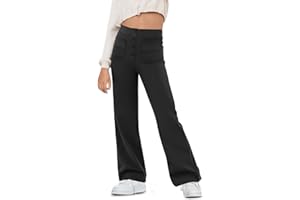 Haloumoning Girl's Flare Pants Kids High Waisted Button Multiple Pockets Yoga Bootcut Pants Full Length Bell Bottoms