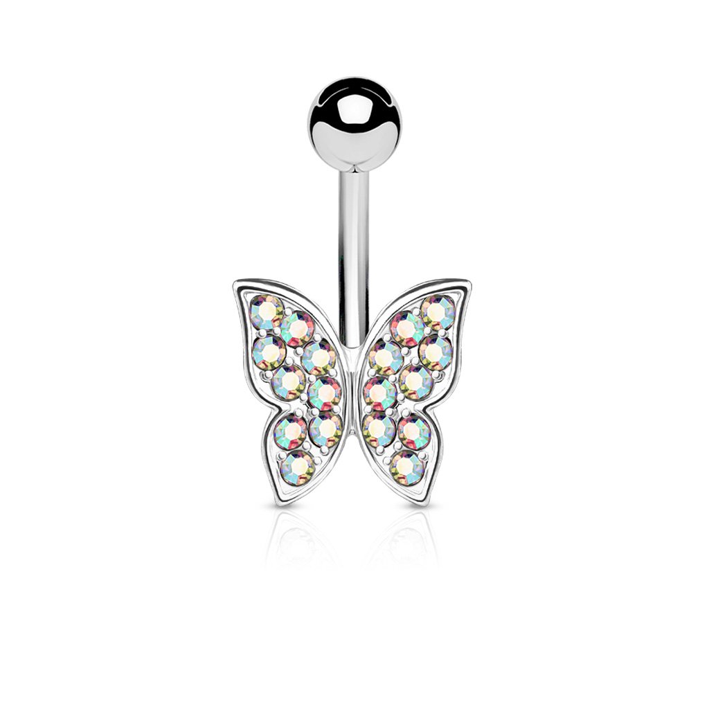 PiercedOff 316L Surgical Steel Belly Bar with 12mm Aurora Borealis CZ Butterfly - Bar Length 10mm