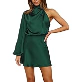 Plustrong Womens One Shoulder Satin Mini Dress Mock Neck Long Sleeve Formal Cocktail Wedding Guest Dresses