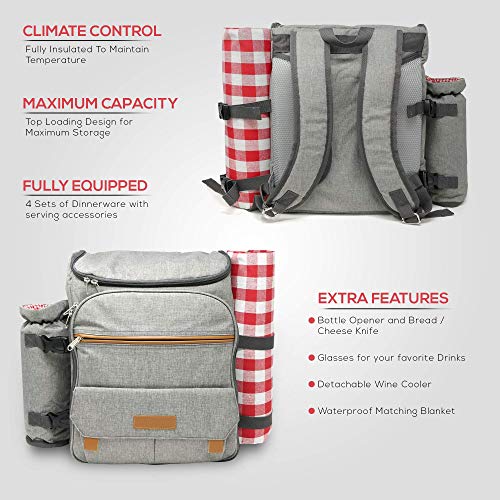 Upgraded Picnic Backpack 2020 Model (4 Person) - 100% Insulated - Temperature Controlled - Waterproof Blanket & Full Cutlery Set