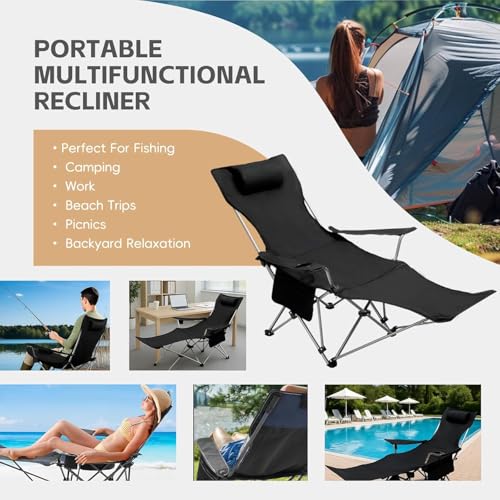 Reclining Camping Chair with Removable Footrest, Adjustable Camping Lounge Beach Chair with Padded Headrest, Cup Holder & Carry Bag, Camp Chair with Foot Rest Lawn Chairs for Camp, Fishing,Office