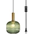 Pobllem Mid Century Modern Pendant Light 1-Light Gold Chandelier Ceiling Light Fixtures with Classic Striped Lantern Design, Plug in Hanging Light for Bedroom Living Dining Room Hallway (Green)