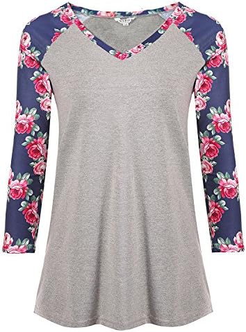 INSPOP Women's 3/4 Sleeve V Neck Loose Shirt Floral Printed Raglan Top Shirt