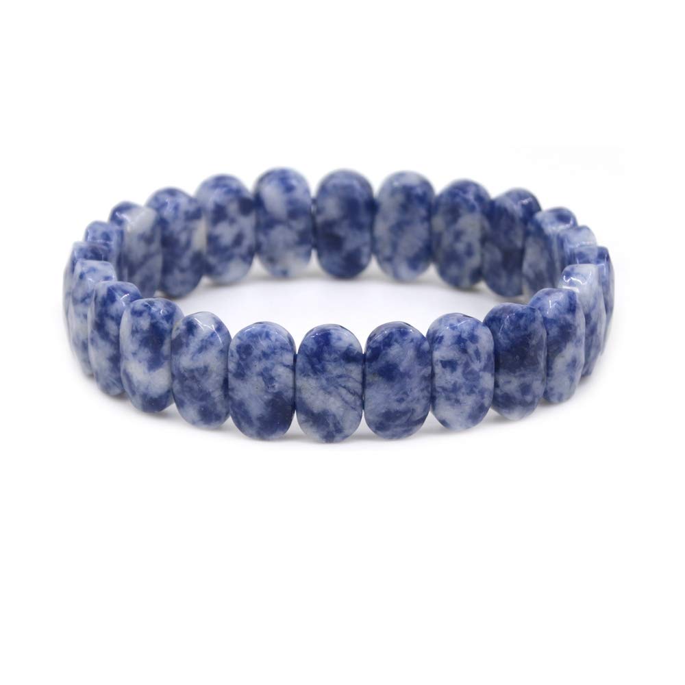 CHENYUE Natural Blue Spot Jasper Gemstone 14mm Faceted Oval Beads Stretch Bracelet 7.5 Inch Unisex