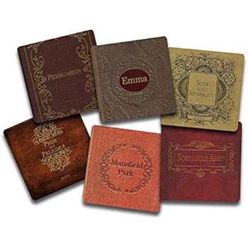 Jane Austen Books Coaster Set- 6 Piece Fabric Top Coaster Set - Rubber Back
