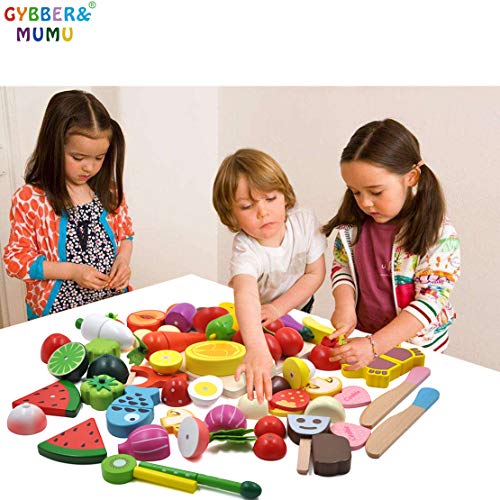 GYBBER&MUMU Play Food Cutting Fruits Vegetables Pretend Food Playset Kitchen Toys Fun [Solid Wood] Educational Early Age Basic Skills Development 40pcs Set - Thumbnail 3
