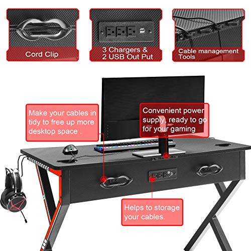 Mr IRONSTONE Gaming Desk 45.2" W x 23.6" D Home Office Desk, Gaming Workstation with Power Strip of 3-Outlet & 2 USB Ports, Cup Holder, Headphone Hook, and Cable Management (Red) - Image 3