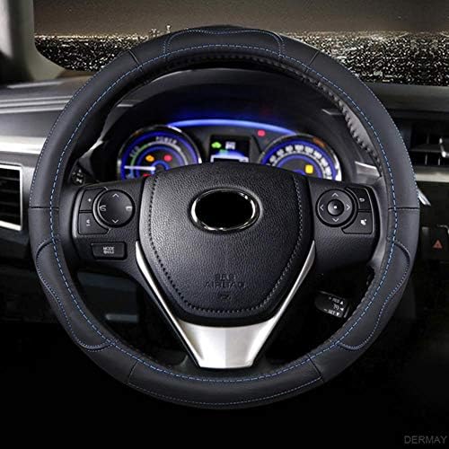 Leather car steering wheel cover Fit for Suvs,Trucks,Sedans,Anti-Slip Design,Black-Blue