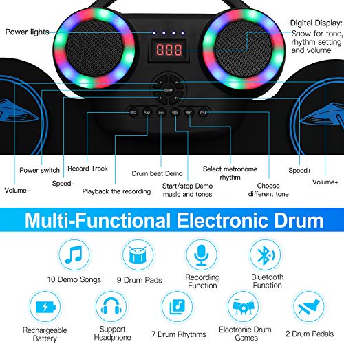 Pimpimsky Electronic Drum Set, Portable Roll-Up Drum Practice Pad, 9 Drum Pads 2 Pedals, Built-in Stereo Speakers with LED Lights Bluetooth MIDI, Great Birthday Festival Gift for Kids Beginners
